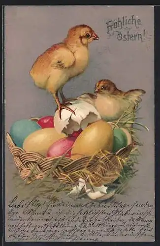 Lithographie Zwei Osterküken in einem Körbchen mit Ostereiern, Ostergruss