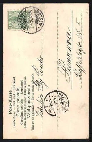 Lithographie Zwei Osterküken in einem Körbchen mit Ostereiern, Ostergruss