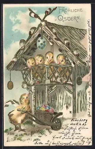 Lithographie Fröhliche Ostern, Osterküken mit Schubkarre