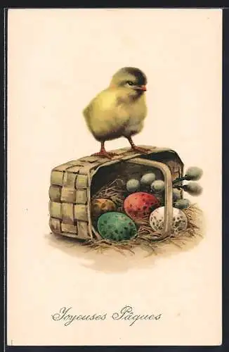 AK Osterküken auf einem umgekippten Osterkorb