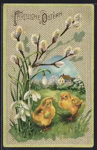 Präge-AK Osterküken unter Weidenzweig und Schneeglöckchen