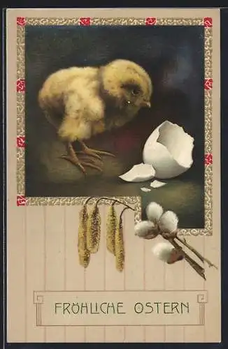 AK Osterküken mit Ei und Palmkätzchen