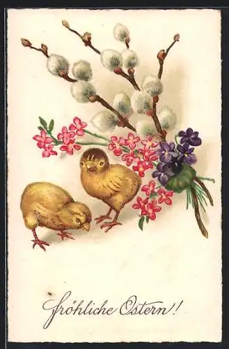 AK Osterküken mit Weidenkätzchen und Veilchen