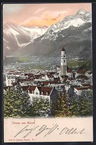 AK Meran, Stadtansicht mit Kirche und Alpenblick