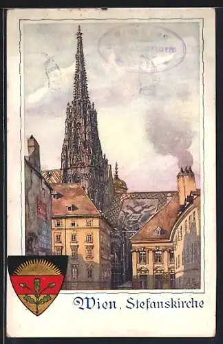 Künstler-AK Deutscher Schulverein: Wien, Blick auf die Stefanskirche, Wappen