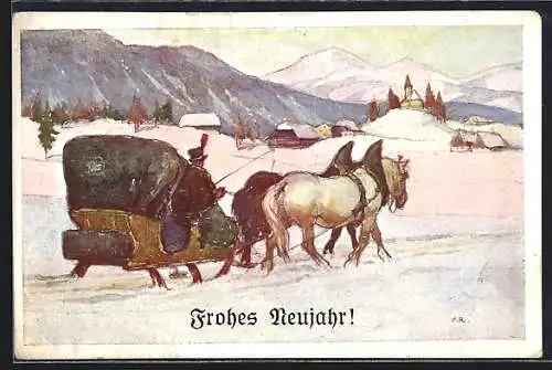 AK Deutscher Schulverein Nr. 1716: Pferdeschlitten in winterlicher Landschaft, Neujahrsgruss