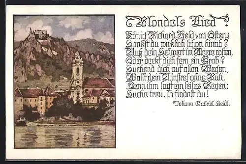 AK Deutscher Schulverein NR 1991: Blondels Lied, Dürnstein vom Wasser aus gesehen, Spruch