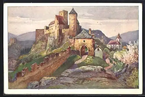 Künstler-AK Hardegg a. d. Thaya, Blick auf die Burg, Deutscher Schulverein