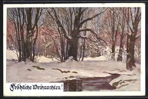 AK Deutscher Schulverein NR. 1908: Uferpartie im Winter, Fröhliche Weihnachten