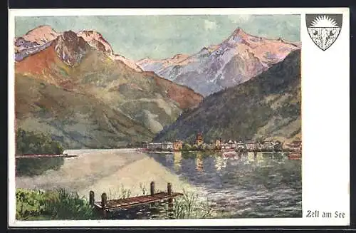 AK Deutscher Schulverein Nr. 577: Zell am See, der kleine Bootssteg, Ortspanorama