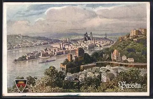 AK Passau, Gesamtansicht an der Donau von oben, Deutscher Schulverein