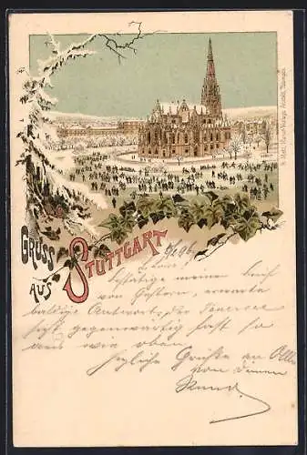 Winter-Lithographie Stuttgart, Schlittschuhläufer vor der Kirche