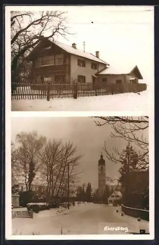 AK Ebersberg / Bayern, Strassenpartie mit Blick zur Kirche, winterliche Ortspartie