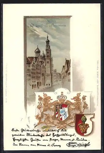 Passepartout-Lithographie Augsburg, Carolinenstrasse und Perlachturm, Wappen