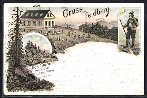 Lithographie Feldberg / Taunus, Restaurant v. Fr. Sturm, Brunhilden Felsen, Altkönig & Wanderer