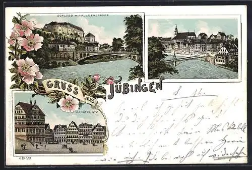 Lithographie Tübingen, Ortsansicht, Schloss mit Alleenbrücke, Marktplatz