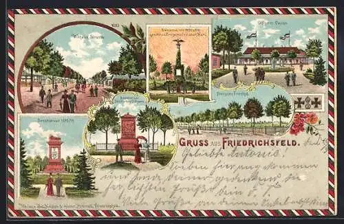 Lithographie Friedrichsfeld / Niederrhein, Wilhelm-Strasse, Denkmal 1870 /71, Friedhof, Denkmal Schill`sche Offiziere