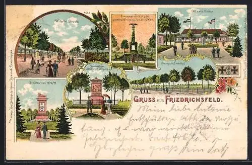 Lithographie Friedrichsfeld / Niederrhein, Teilansicht mit Offiziers-Casino, Denkmal von 1870 /71 und Franzosen-Friedhof