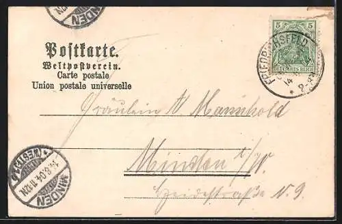 Lithographie Friedrichsfeld / Niederrhein, Teilansicht mit Offiziers-Casino, Denkmal von 1870 /71 und Franzosen-Friedhof