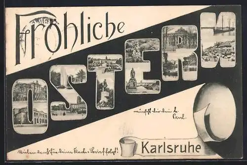 AK Karlsruhe i. B., Denkmäler, Schloss, Wasserkunst, Stadtansicht, Ostergrüsse