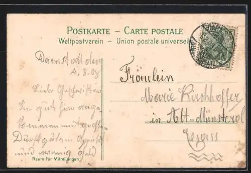 Lithographie Darmstadt, Partie auf dem Übungsplatz, Dampfstrassenbahn, Lager-Strasse
