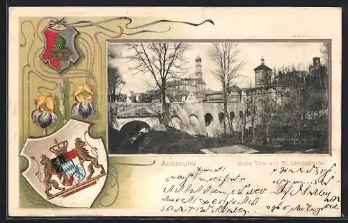 Passepartout-Lithographie Augsburg, Rotes Tor und St. Ulrichskirche, Wappen