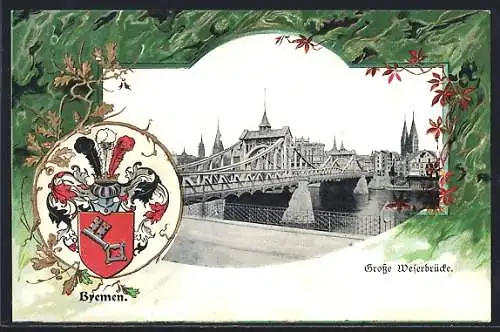 Passepartout-Lithographie Bremen, Grosse Weserbrücke, Stadtwappen