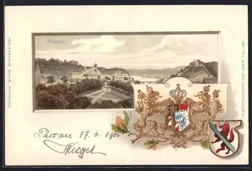 Passepartout-Lithographie Passau, Totalansicht der Ortschaft, Wappen