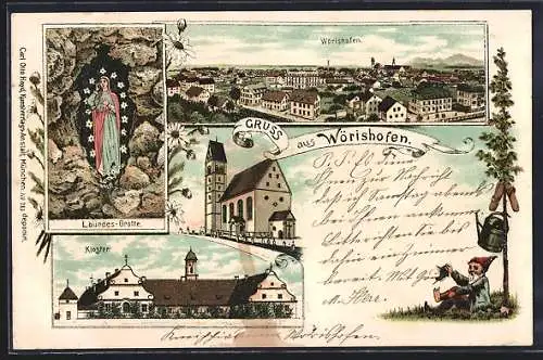 Lithographie Wörishofen, Kloster, Lourdes-Grotte, Ortsansicht