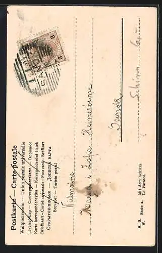 Künstler-AK Junge Frau mit Schirm unterm Arm