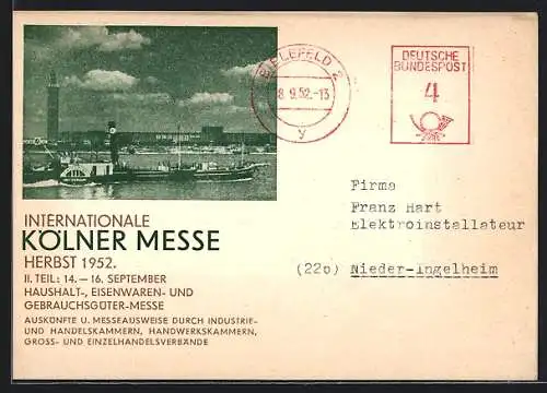 AK Köln, Internationale Kölner Messe, Herbst 1952, Dampfer auf dem Rhein