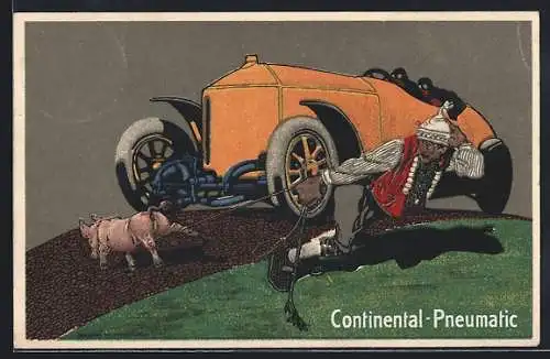 Künstler-AK Hannover, Continental Caoutchouc- und Gutta-Percha-Co., Ferkel vor Auto, Reklame für Continental-Pneumatic