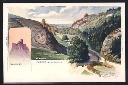 Künstler-AK Schwenke Ser. 8 Nr. 6: Marienthal bei Eisenach, Wartburg, Berg mit Gesicht / Berggesichter