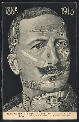 Künstler-AK Gesicht von Kaiser Wilhelm II. mit Darstellung verscheidener Ereignisse, Metamorphose