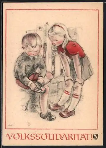 Künstler-AK Volkssolidarität, Knabe mit kaputtem Schuh, DDR-Propaganda