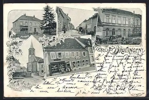 AK Drulingen /Els., Gasthaus zum Adler, Apotheke, Hauptstrasse, Amtsgericht und Kirche