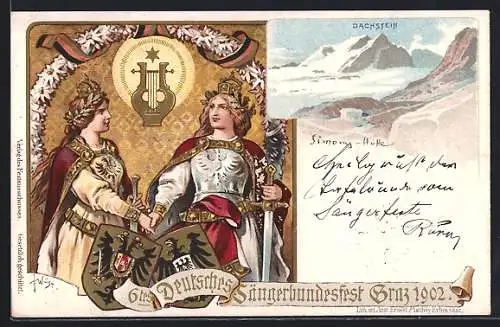 Lithographie Graz, 6. Deutsches Sängerbundesfest 1902, Dachstein, Königspaar, Wappen