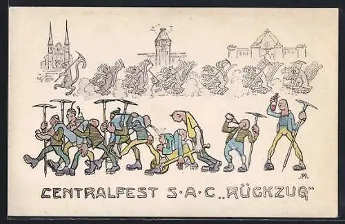 Künstler-AK Luzern, S. A. C. Zentralfest 1913 Rückzug