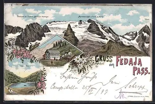 Lithographie Fedaia-Pass, Gasthaus Valentini, Fedaja-See, Bergkette