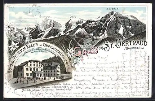 Lithographie St. Gertraud i. Suldental, Hôtel und Pension Eller mit Dependancen, Zebru, Königsspitze u. Ortler