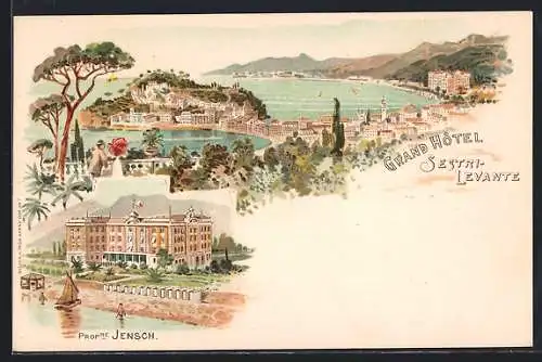 Lithographie Sestri-Levante, Grand Hotel von Jensch, Panoramablick auf den Ort