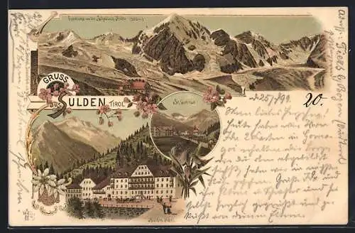 Lithographie Sulden, Sulden Hôtel, Panorama von der Schaubach-Hütte, St. Gertraud