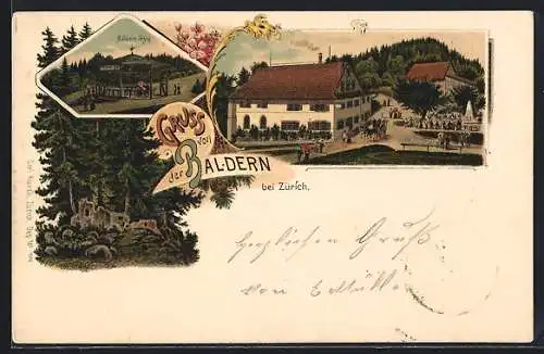 Lithographie Stallikon, Gruss von der Baldern, Baldern-Höhe, Ruine