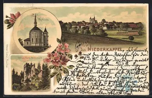 Lithographie Niederkappel, Schloss-Ruine Haichenbach, Pfarrkirche und Totalansicht