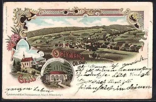 Lithographie Oberwang /Ob.-Oest., Konradkirche, Kapelle an der Marterstätte des hl. Konrad, Totalansicht