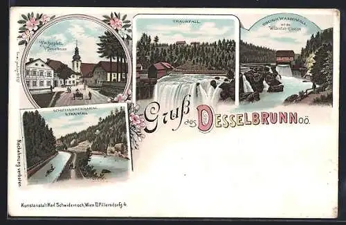 Lithographie Desselbrunn /O.-Ö., Kirchenplatz, Schiffahrtskanal, Traunfall und Wasserfall mit der Wildenfall-Klause