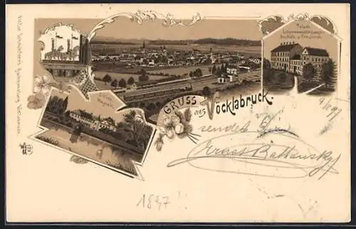 Lithographie Vöcklabruck, Lehrerinnenbildungsanstalt u. Pensionat, Schloss Wagrain, Ortsansicht m. Bahnhof, Reiterstatue