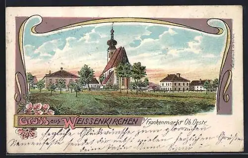 Lithographie Weissenkirchen b. Frankenmarkt, Ortspanorama mit Kirche von einem Feld aus