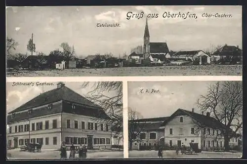 AK Oberhofen am Irrsee, Schönauers Gasthaus, K. k. Post, Totalansicht mit Kirche