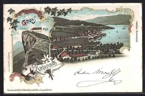 Lithographie Unterach am Attersee, Schafberg mit Berghütte, Gesamtansicht mit See und Bergpanorama